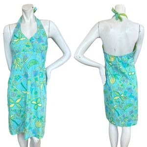 Vintage Lilly Pulitzer Green & Blue Cherry Banana Citrus Halter Dress Size 10